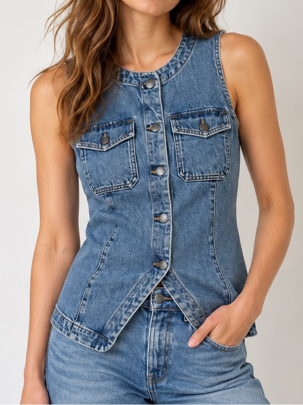 Madewell Denim High Crewneck Vest Billings Wash Blue Size 12